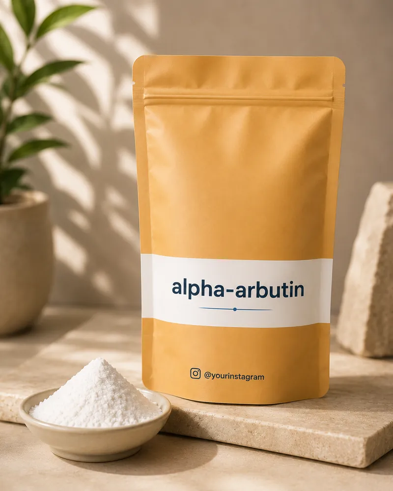 Alpha arbutin white crystalline powder in a bowl beside a stand-up pouch