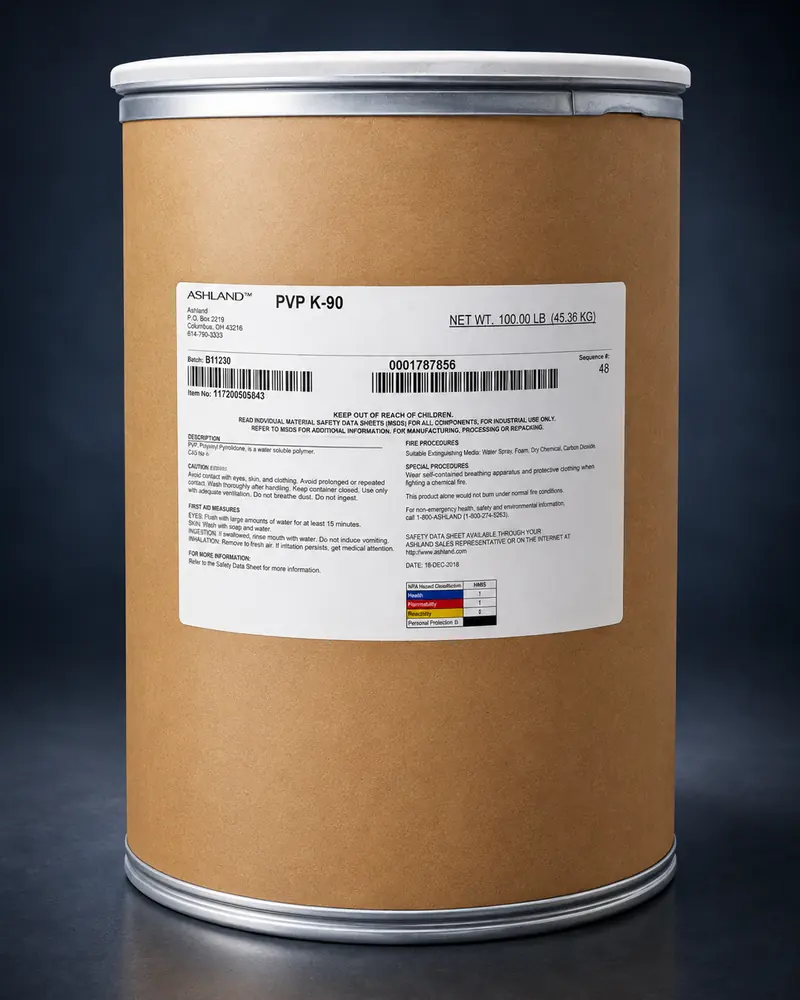 PVP K90 polyvinylpyrrolidone powder in an Ashland fibre drum